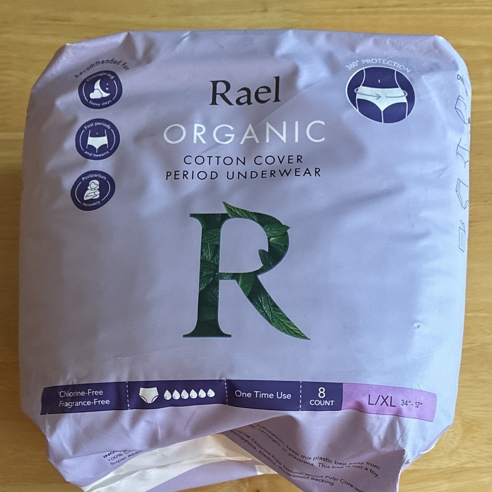 Rael Organic Cotton Cover Period Menstrual Underwear L/XL Unscented 8 Ct